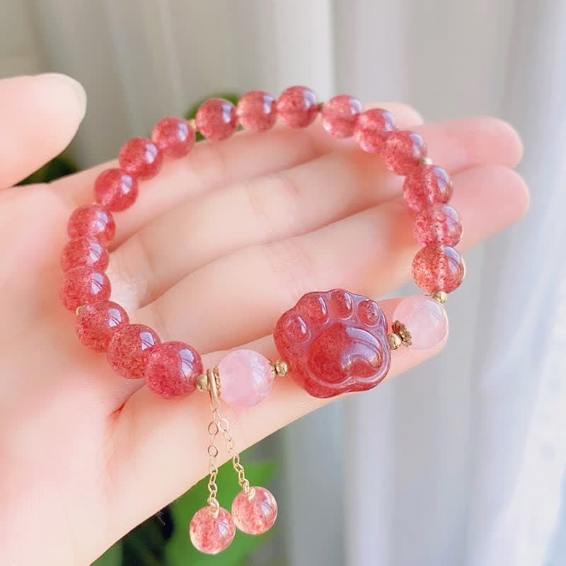 Buddha Stones Natural Strawberry Quartz Pink Crystal Lucky Cat Paw Love Bracelet - image 4