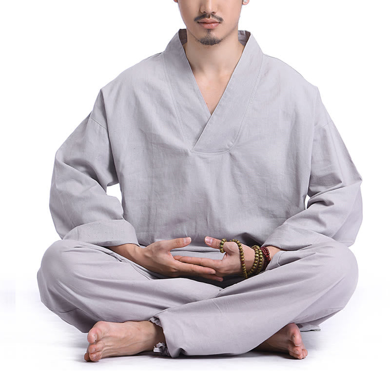 Buddha Stones Meditation Prayer V-neck Design Cotton Linen Spiritual Zen Practice Yoga Clothing Men's Set - Gray - US/UK/AU44,EU54 (3XL) - image 10