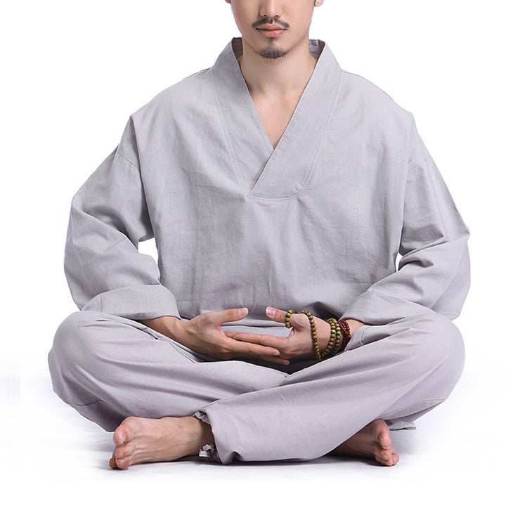 Buddha Stones Meditation Prayer V-neck Design Cotton Linen Spiritual Zen Practice Yoga Clothing Men's Set - Gray - US/UK/AU44,EU54 (3XL) - image 10