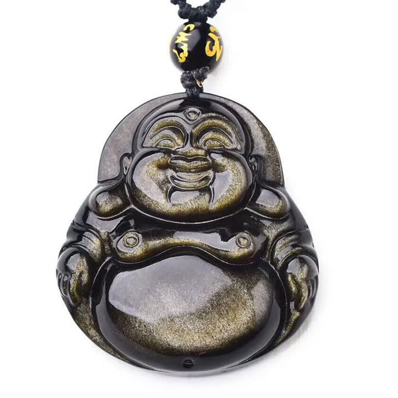Buddha Stones Laughing Buddha Gold Sheen Obsidian Wealth Necklace Pendant - image 7
