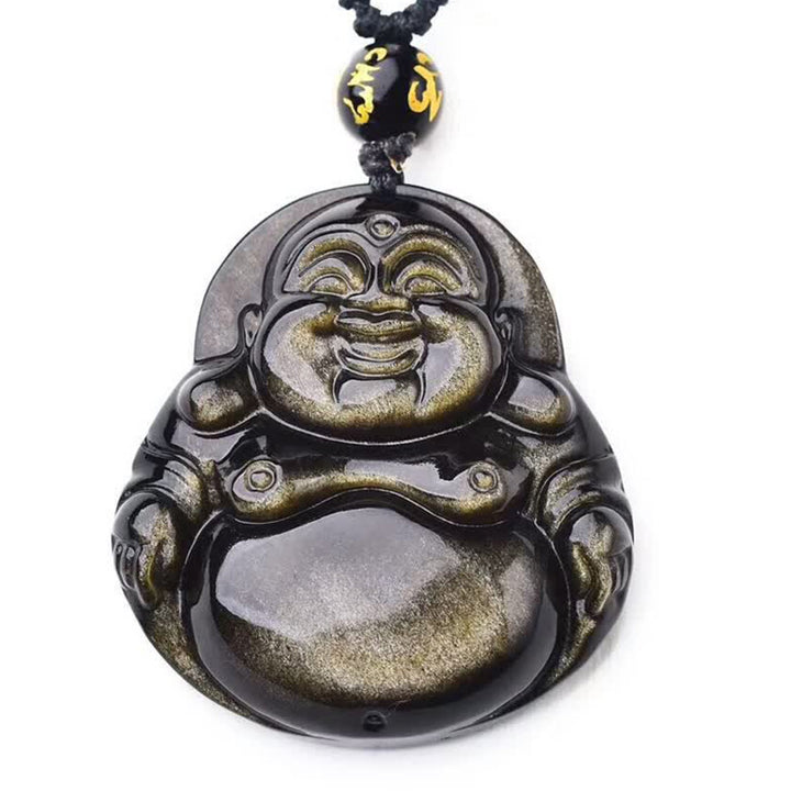 Buddha Stones Laughing Buddha Gold Sheen Obsidian Wealth Necklace Pendant - image 7