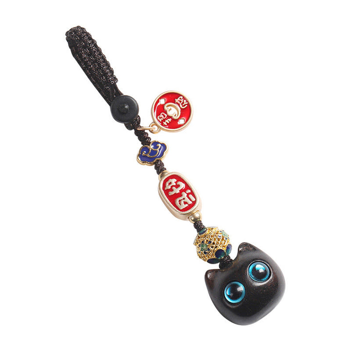 Buddha Stones Ebony Wood Lucky Cat Auspicious Cloud Peace Key Chain Phone Hanging Decoration - image 18