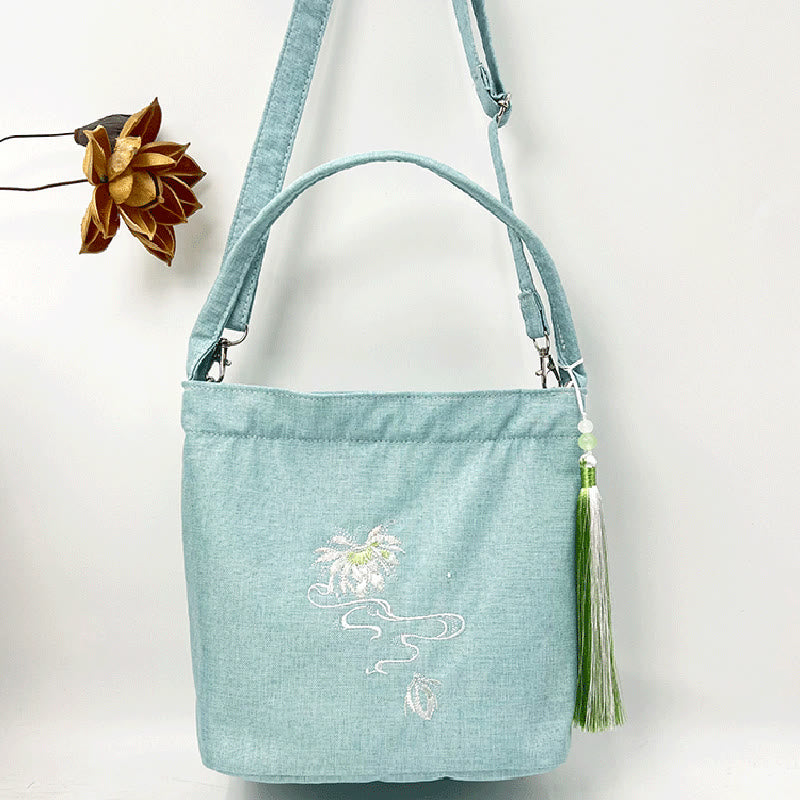 Buddha Stones Embroidery Wisteria Plum Lotus Cherry Blossom Cotton Linen Canvas Tote Crossbody Bag Shoulder Bag Handbag