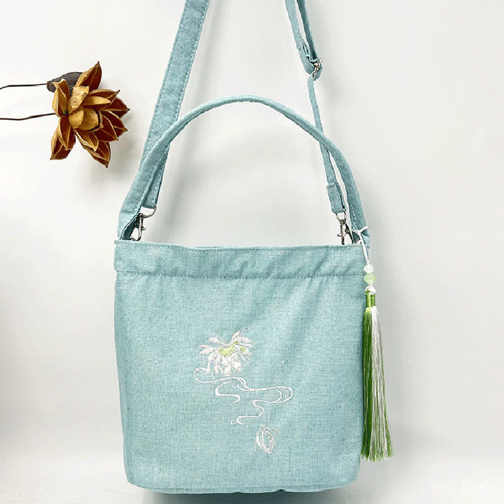 Buddha Stones Embroidery Wisteria Plum Lotus Cherry Blossom Cotton Linen Canvas Tote Crossbody Bag Shoulder Bag Handbag