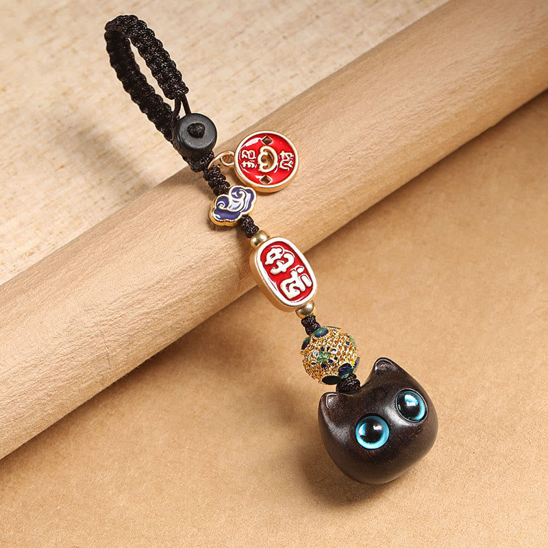 Buddha Stones Ebony Wood Lucky Cat Auspicious Cloud Peace Key Chain Phone Hanging Decoration - Blue Eyes Cat - Key Chain - image 10