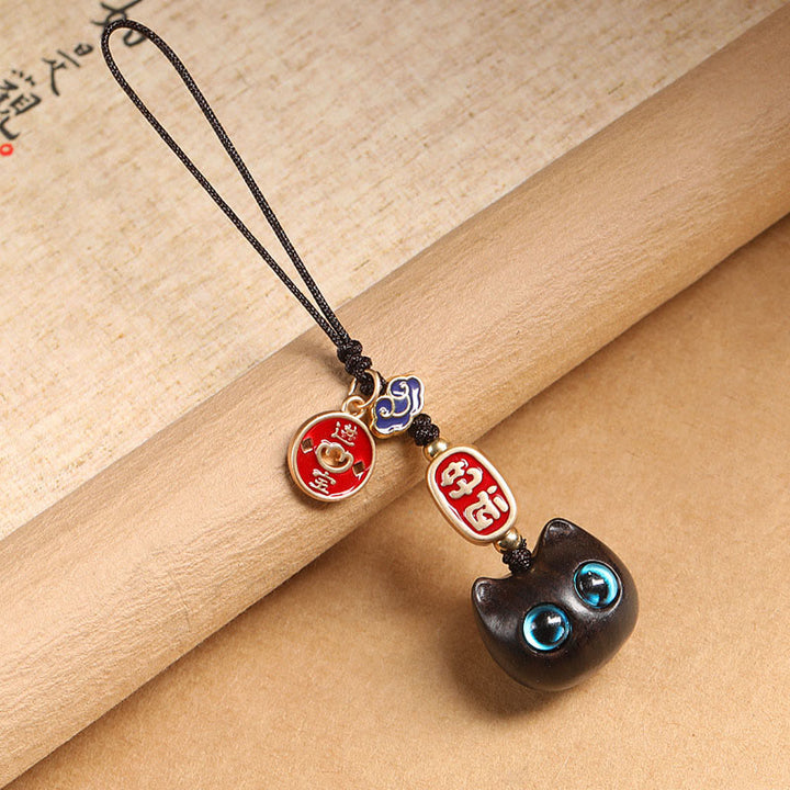 Buddha Stones Ebony Wood Lucky Cat Auspicious Cloud Peace Key Chain Phone Hanging Decoration - Blue Eyes Cat - Phone Hanging Decoration - image 19