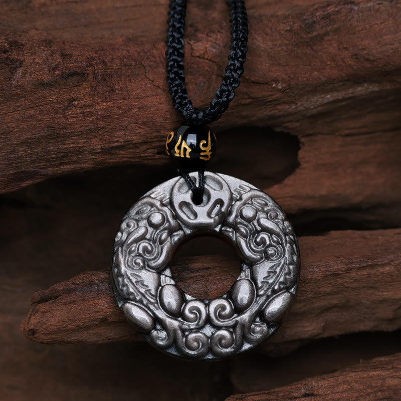 Buddha Stones Natural Silver Sheen Obsidian Double PiXiu Copper Coin Peace Buckle Protection Necklace Pendant - Silver Sheen Obsidian(Communication♥Soothing) - image 1