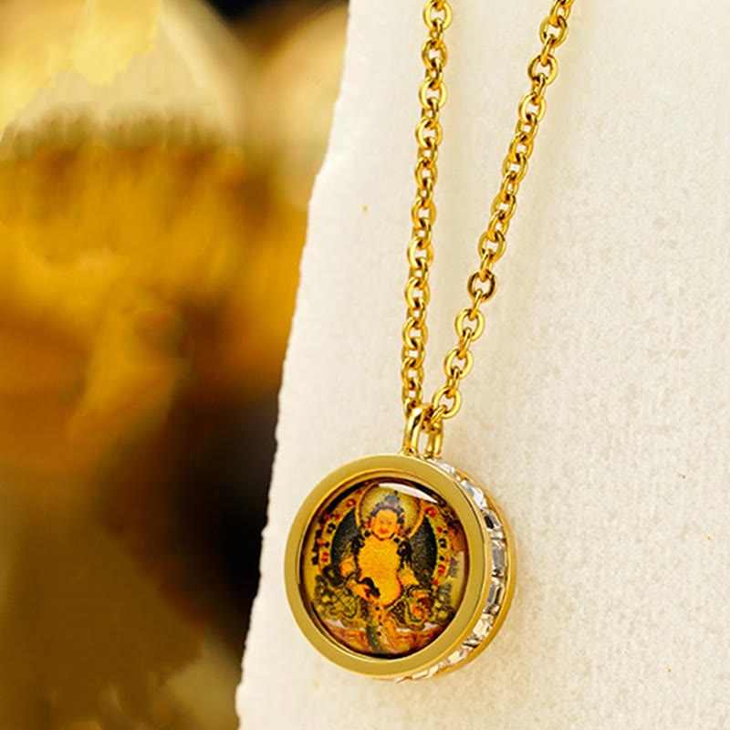 Buddha Stones Tibetan Yellow God Of Wealth Green Tara Buddha Serenity Titanium Steel Necklace Pendant - image 5