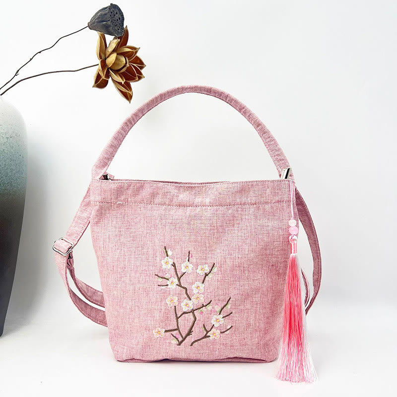 Buddha Stones Embroidery Wisteria Plum Lotus Cherry Blossom Cotton Linen Canvas Tote Crossbody Bag Shoulder Bag Handbag