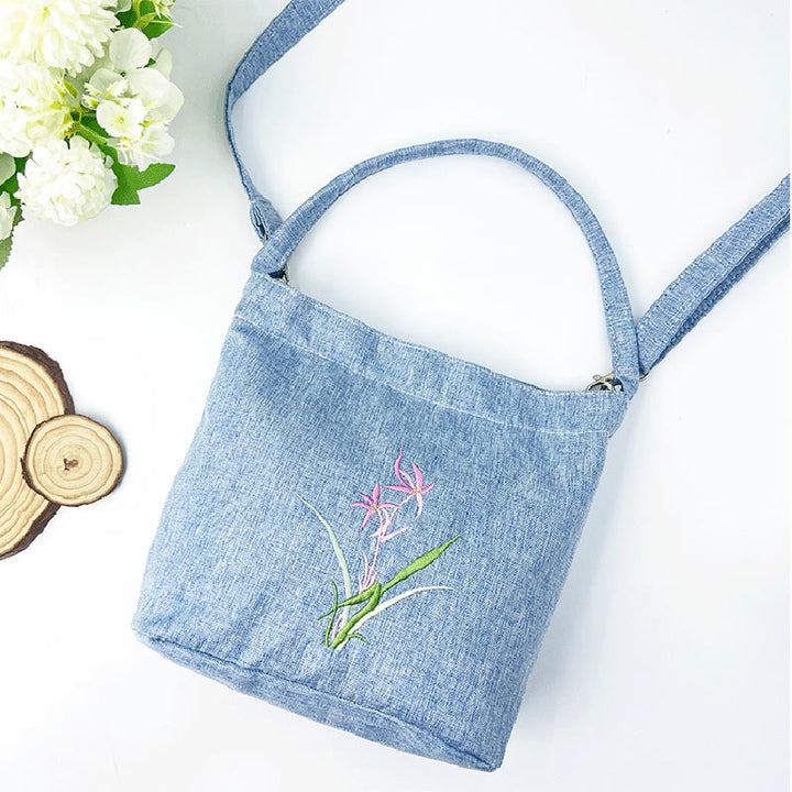 Buddha Stones Embroidery Wisteria Plum Lotus Cherry Blossom Cotton Linen Canvas Tote Crossbody Bag Shoulder Bag Handbag