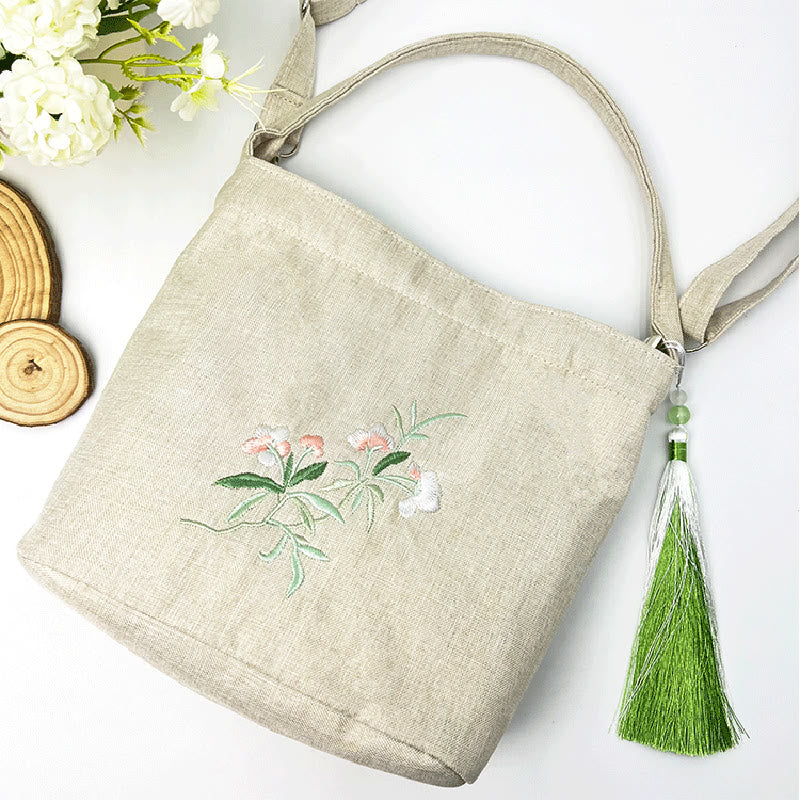 Buddha Stones Embroidery Wisteria Plum Lotus Cherry Blossom Cotton Linen Canvas Tote Crossbody Bag Shoulder Bag Handbag