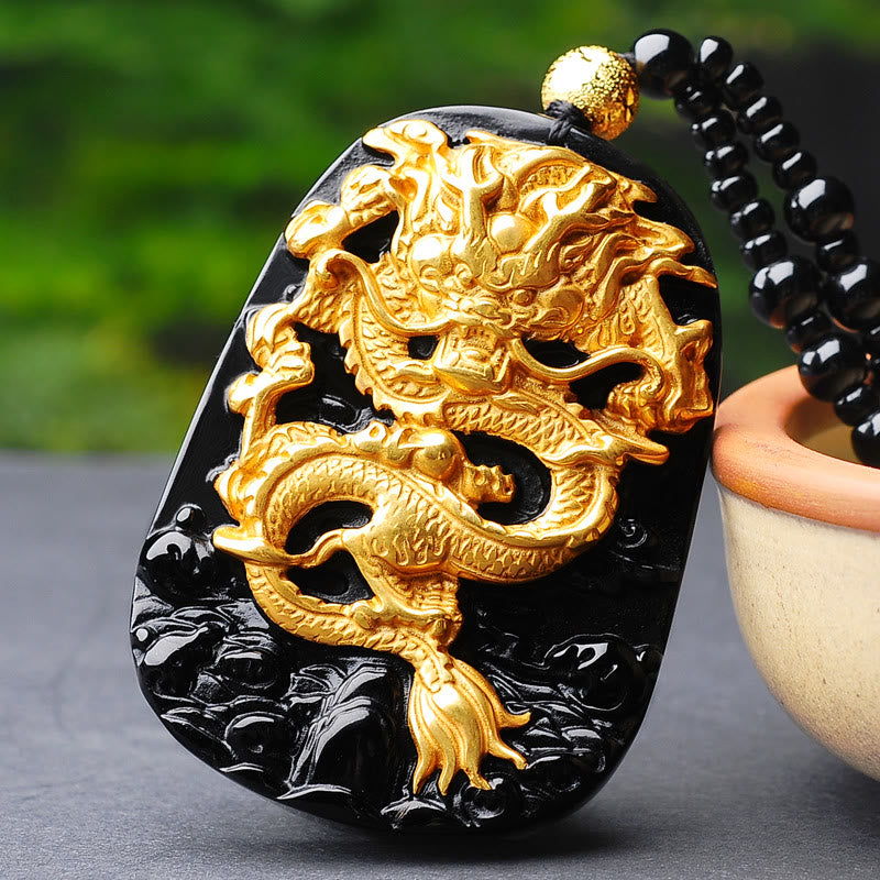 Buddha Stones 18k Gold-plated Dragon Obsidian Lucky Pendant Necklace - image 2