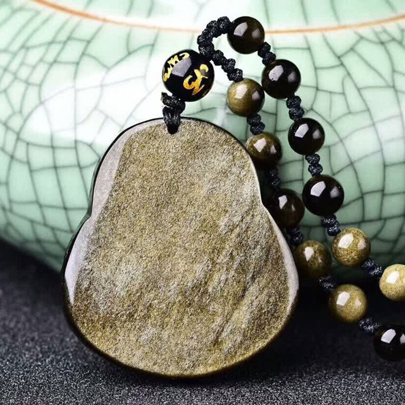 Buddha Stones Laughing Buddha Gold Sheen Obsidian Wealth Necklace Pendant - image 5