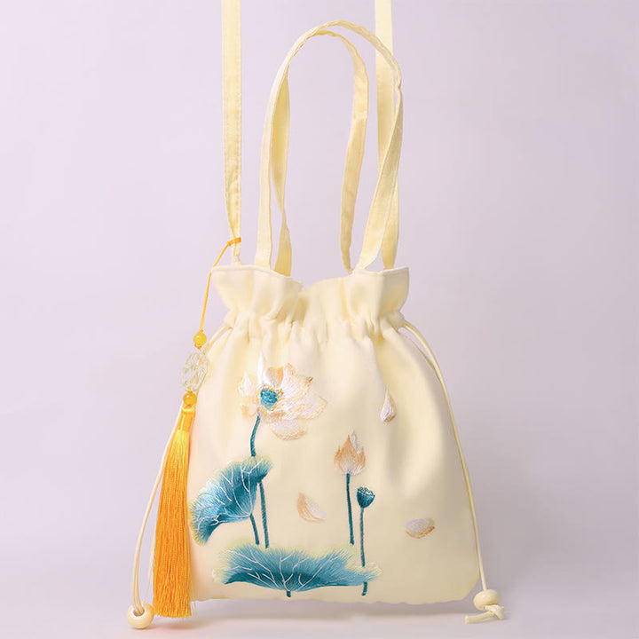 Buddha Stones Lotus Peony Epiphyllum Phoenix Suzhou Embroidery Cotton Linen Tote Crossbody Bag Shoulder Bag Handbag