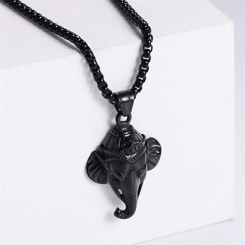 Ganesh Ganpati Elephant Titanium Steel Protection Pendant Necklace - Black - image 7