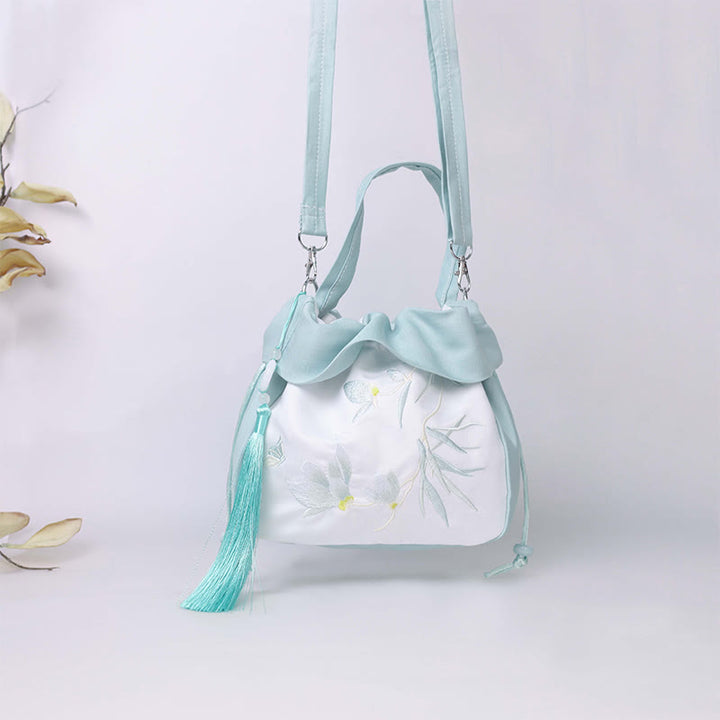 Buddha Stones Suzhou Embroidery Lotus Epiphyllum Magnolia Cotton Linen Tote Crossbody Bag Shoulder Bag Handbag