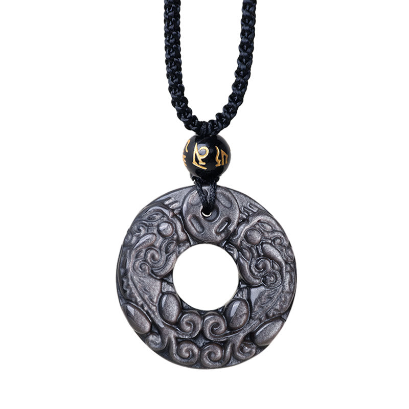 Buddha Stones Natural Silver Sheen Obsidian Double PiXiu Copper Coin Peace Buckle Protection Necklace Pendant - image 9