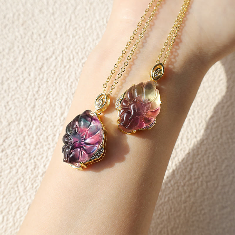 Buddha Stones Natural Colorful Fluorite Nine Tailed Fox Protection Necklace Pendant