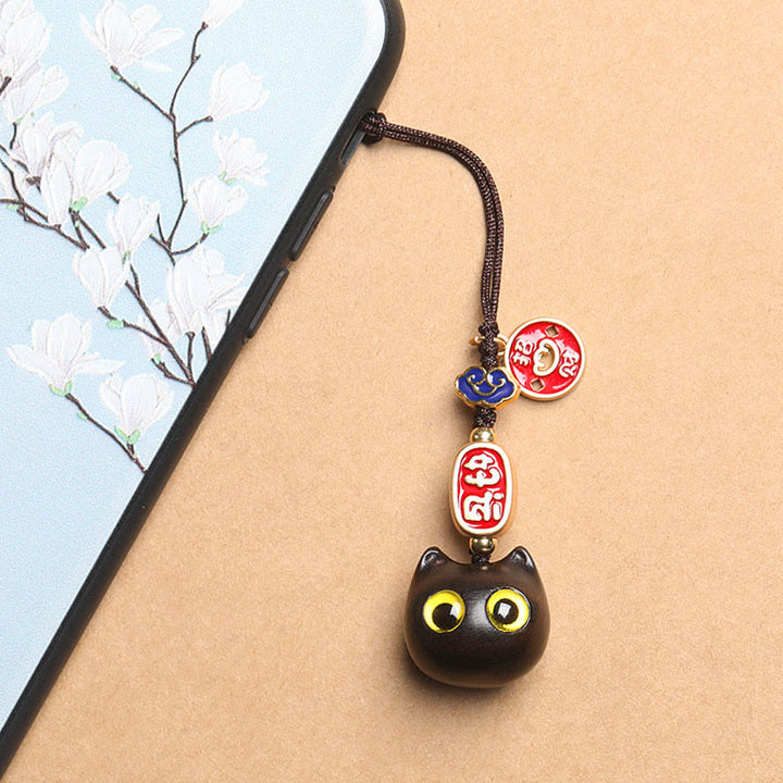 Buddha Stones Ebony Wood Lucky Cat Auspicious Cloud Peace Key Chain Phone Hanging Decoration - image 9