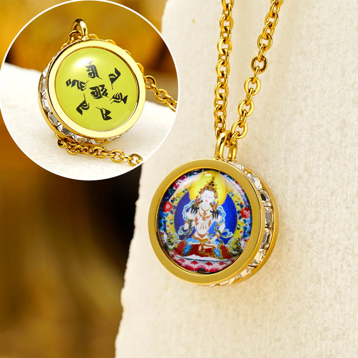 Buddha Stones Tibetan Yellow God Of Wealth Green Tara Buddha Serenity Titanium Steel Necklace Pendant - Front Vajrasattva Bodhisattva Back Mantra - image 11