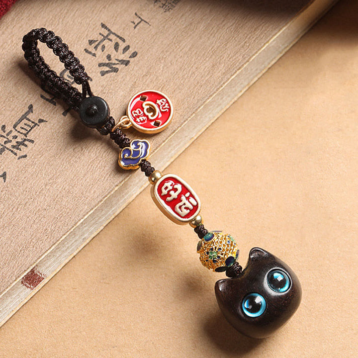 Buddha Stones Ebony Wood Lucky Cat Auspicious Cloud Peace Key Chain Phone Hanging Decoration - image 11