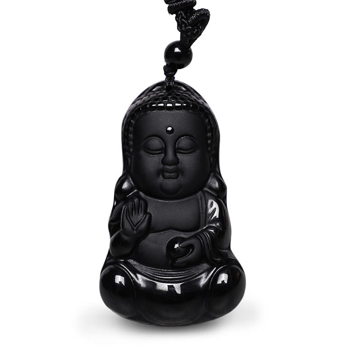 Buddha Stones Natural Black Obsidian Crystal Buddha Strength Protection Amulet Lucky Charm Pendant Necklace - image 2