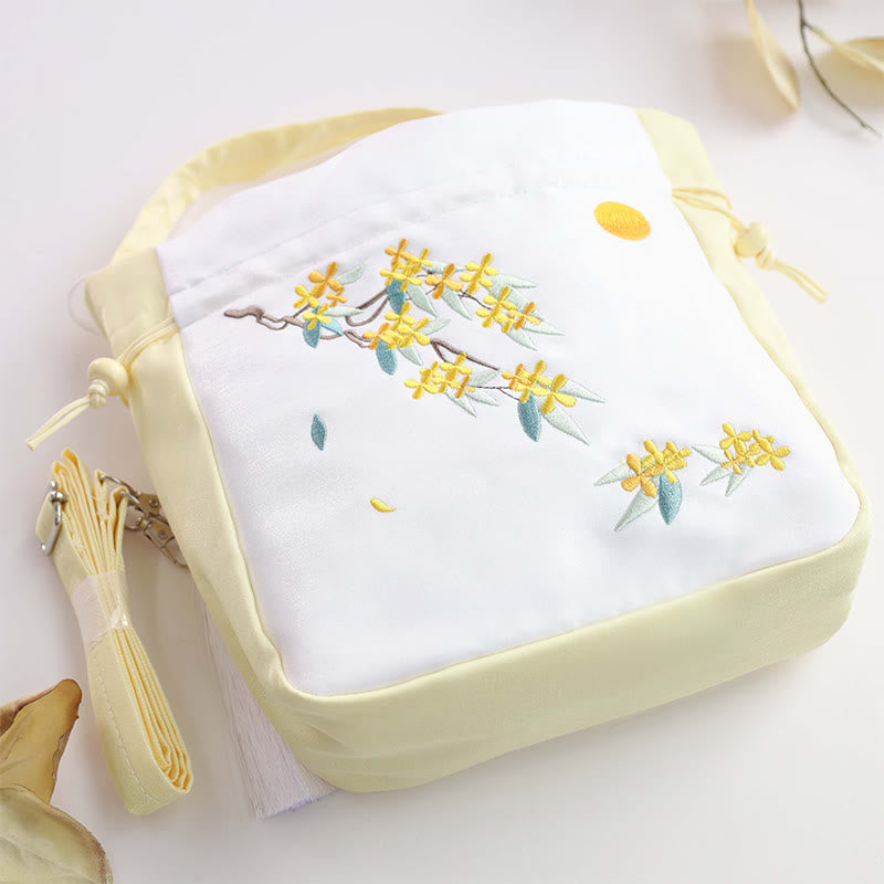 Buddha Stones Embroidered Osmanthus Peony Grape Cat Cotton Linen Tote Crossbody Bag Shoulder Bag Handbag