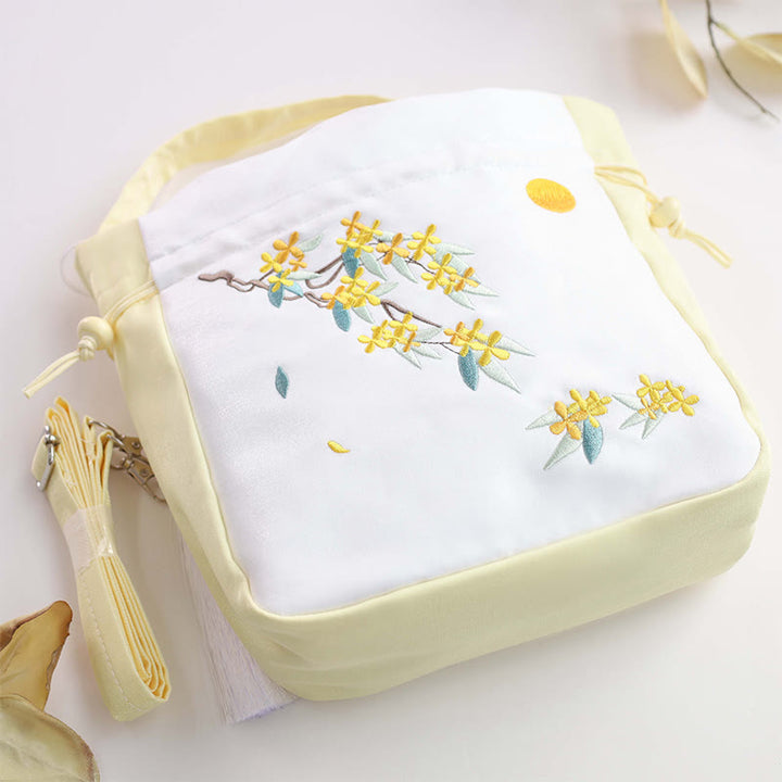 Buddha Stones Embroidered Osmanthus Peony Grape Cat Cotton Linen Tote Crossbody Bag Shoulder Bag Handbag