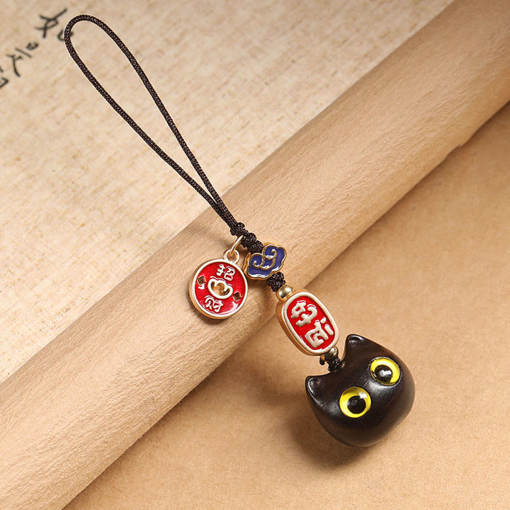 Buddha Stones Ebony Wood Lucky Cat Auspicious Cloud Peace Key Chain Phone Hanging Decoration - Yellow Eyes Cat - Phone Hanging Decoration - image 8