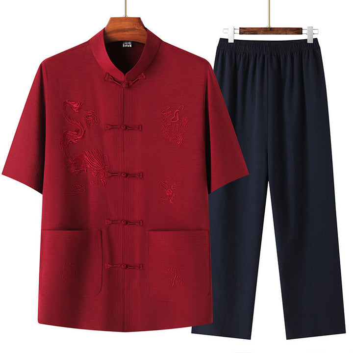 Buddha Stones Tang Suit Hanfu Chinese Dragon Traditional Kung Fu Uniform Short Sleeve Tops and Pants Clothing Men's Set - Red - US/UK/AU44,EU54 (4XL) - image 16