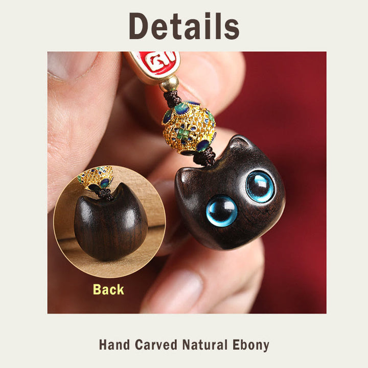 Buddha Stones Ebony Wood Lucky Cat Auspicious Cloud Peace Key Chain Phone Hanging Decoration - image 12