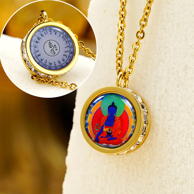 Buddha Stones Tibetan Yellow God Of Wealth Green Tara Buddha Serenity Titanium Steel Necklace Pendant - Front Medicine Buddha Back Mantra - image 19