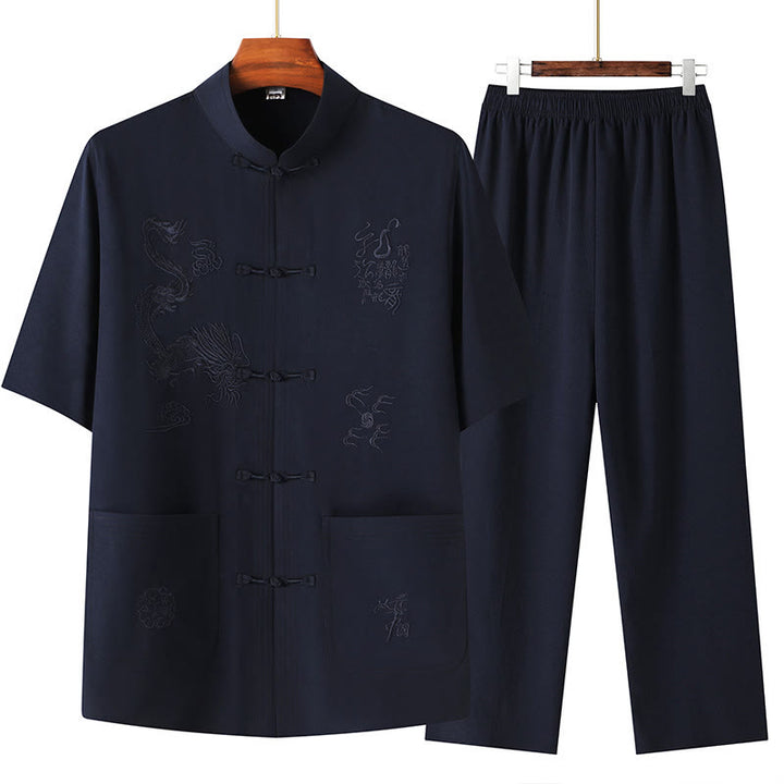 Buddha Stones Tang Suit Hanfu Chinese Dragon Traditional Kung Fu Uniform Short Sleeve Tops and Pants Clothing Men's Set - Navy Blue - US/UK/AU44,EU54 (4XL) - image 0