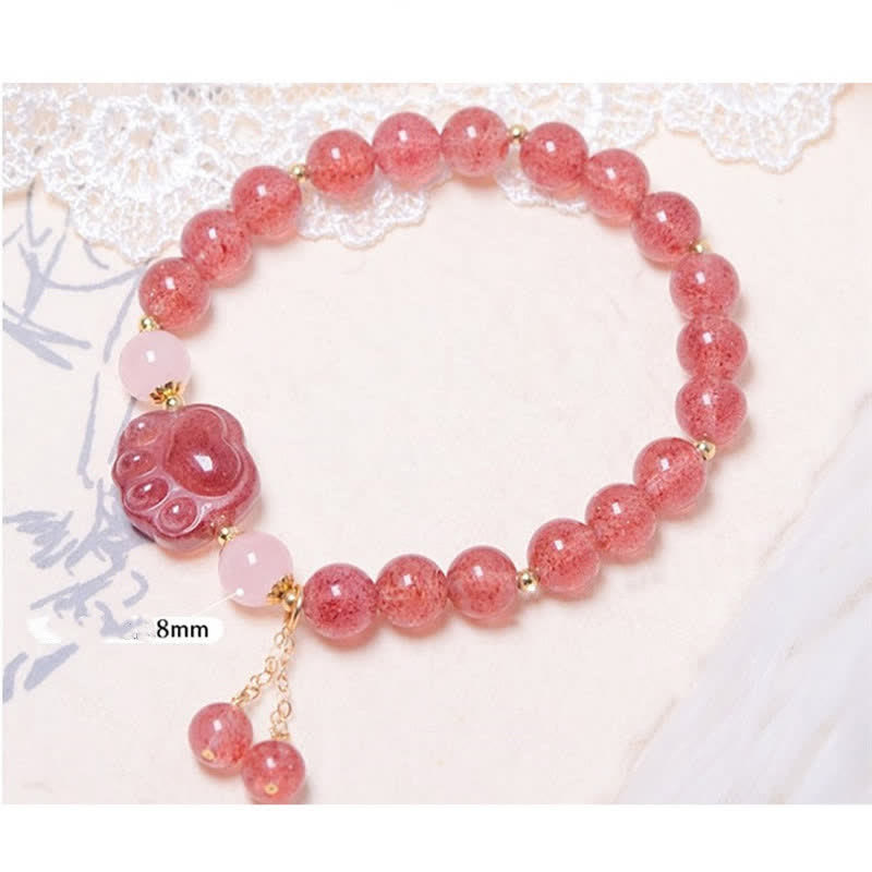 Buddha Stones Natural Strawberry Quartz Pink Crystal Lucky Cat Paw Love Bracelet - image 6
