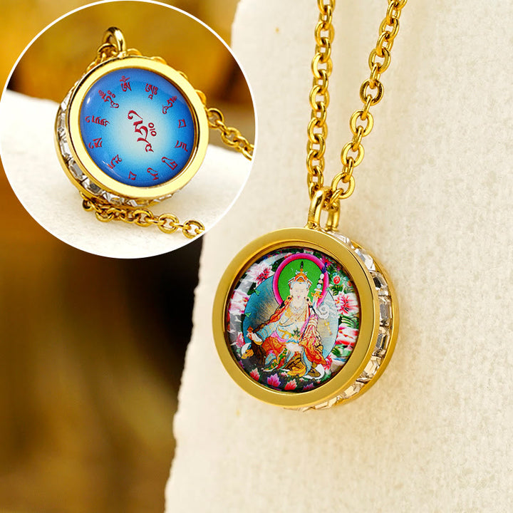 Buddha Stones Tibetan Yellow God Of Wealth Green Tara Buddha Serenity Titanium Steel Necklace Pendant - Front Padmasambhava Bodhisattva Back Mantra - image 12