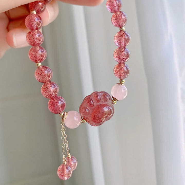Buddha Stones Natural Strawberry Quartz Pink Crystal Lucky Cat Paw Love Bracelet - image 5