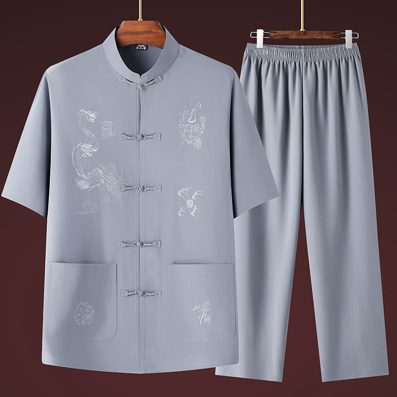 Buddha Stones Tang Suit Hanfu Chinese Dragon Traditional Kung Fu Uniform Short Sleeve Tops and Pants Clothing Men's Set - Light Gray - US/UK/AU44,EU54 (4XL) - image 6