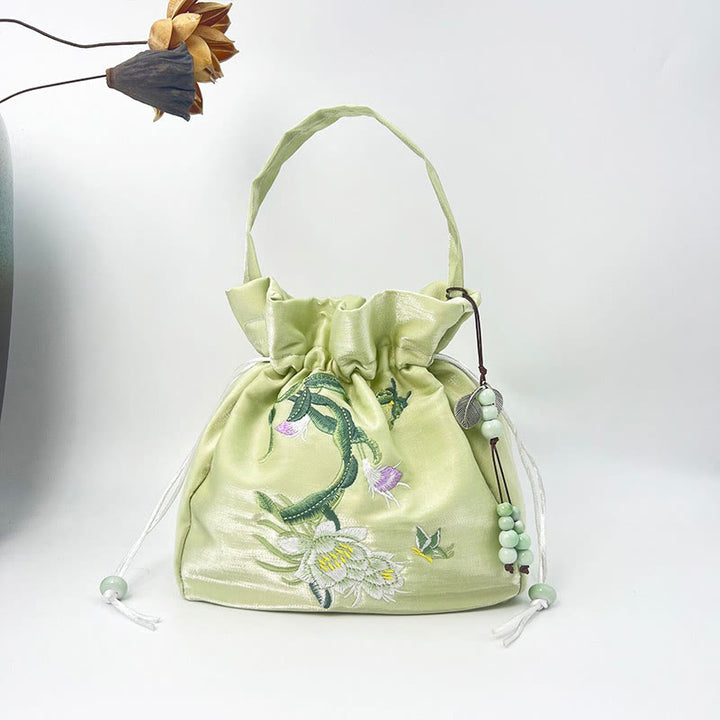 Buddha Stones Embroidered Flowers Wisteria Lily Cotton Linen Tote Crossbody Bag Shoulder Bag Handbag