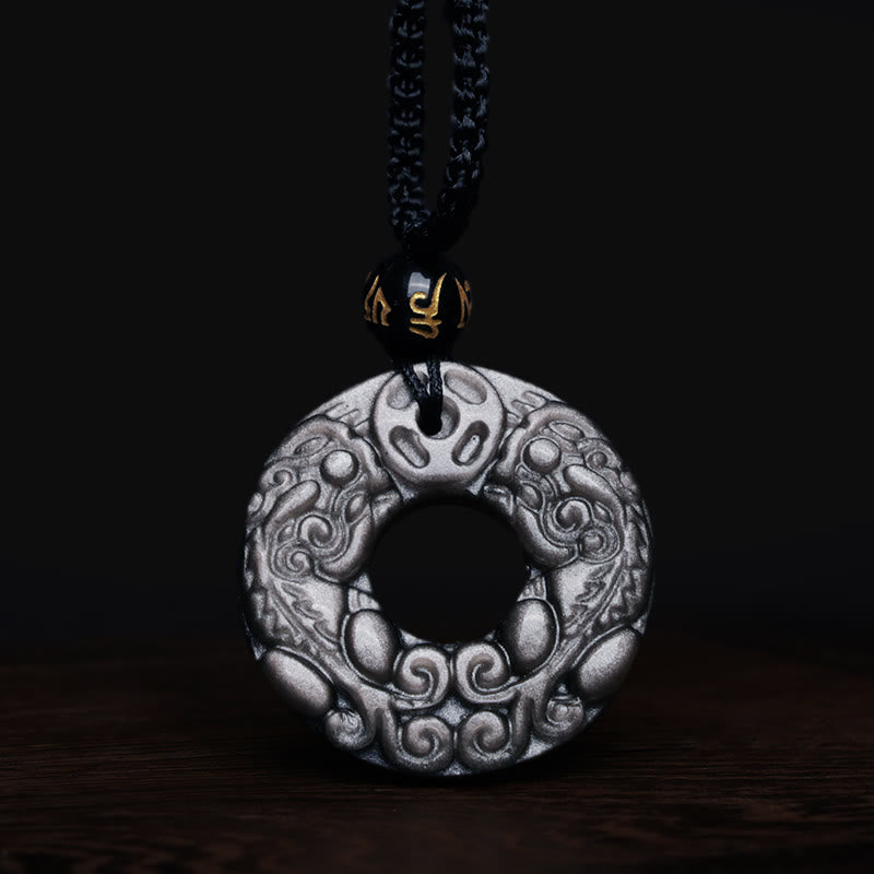 Buddha Stones Natural Silver Sheen Obsidian Double PiXiu Copper Coin Peace Buckle Protection Necklace Pendant - image 7