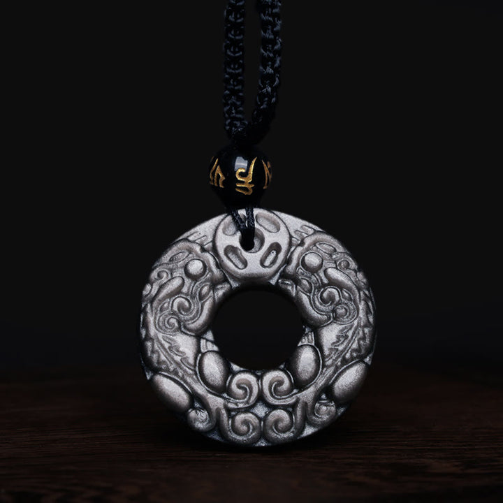 Buddha Stones Natural Silver Sheen Obsidian Double PiXiu Copper Coin Peace Buckle Protection Necklace Pendant - image 7