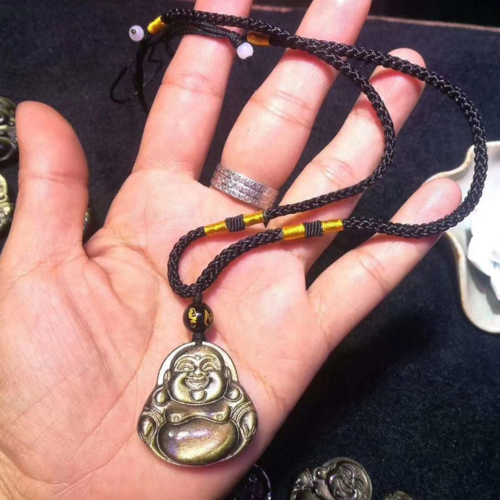 Buddha Stones Laughing Buddha Gold Sheen Obsidian Wealth Necklace Pendant - String - image 4