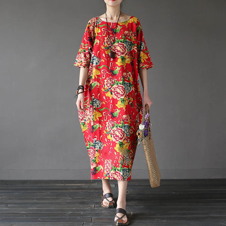 Buddha Stones Red Peony Flowers Printed Midi Dress Half Sleeve Cotton Linen Dress