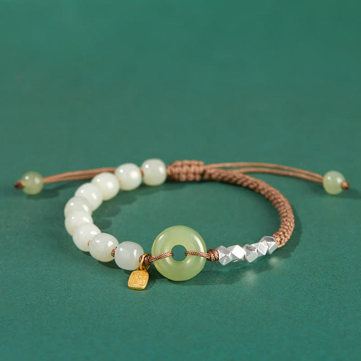 925 Sterling Silver Hetian Jade Peace Buckle Beaded Luck Happiness Charm Bracelet