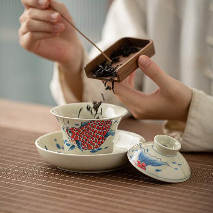 Buddha Stones Koi Fish Arowana Ceramic Gaiwan Sancai Teacup Kung Fu Tea Cup With Lid 130ml