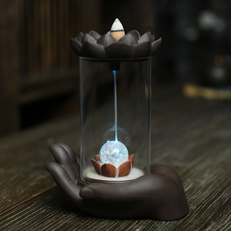Buddha Stones Buddha Hand Lotus Enlightenment LED Light Purple Clay Ceramic Incense Burner Decoration