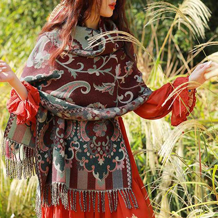 Buddha Stones Tibetan Flowers Leaves Branch Design Tassel Shawl Cozy Travel Scarf Wrap