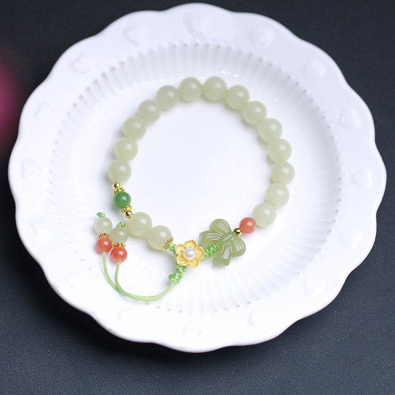 925 Sterling Silver Jade Luck Flower Butterfly Bracelet