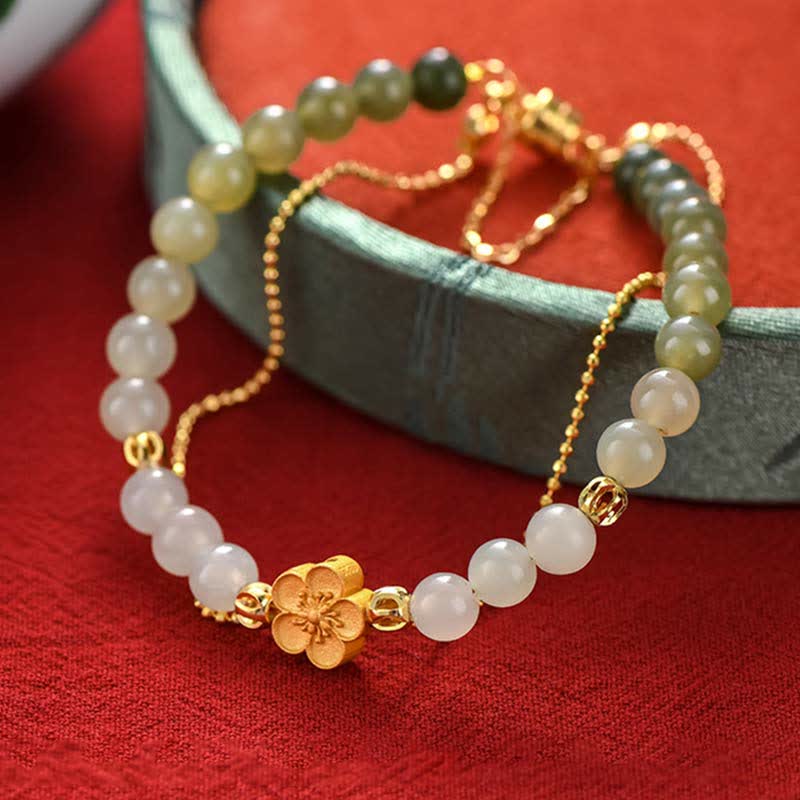 925 Sterling Silver Natural Hetian Jade Peach Blossom Luck Chain Bracelet