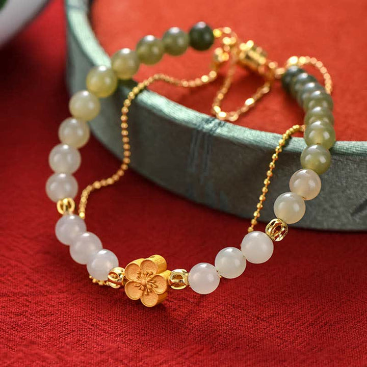 925 Sterling Silver Natural Hetian Jade Peach Blossom Luck Chain Bracelet
