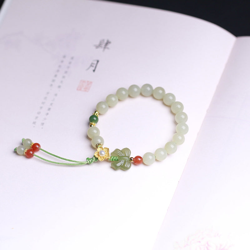 925 Sterling Silver Jade Luck Flower Butterfly Bracelet